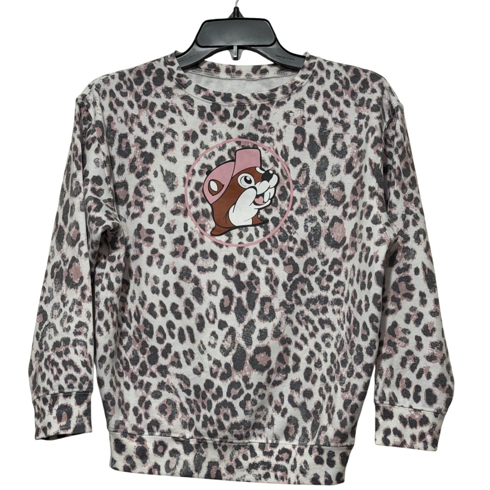 Buc-ee's Girls Youth Large Leopard Print Sweatshirt Pink Beaver Mascot Pullover